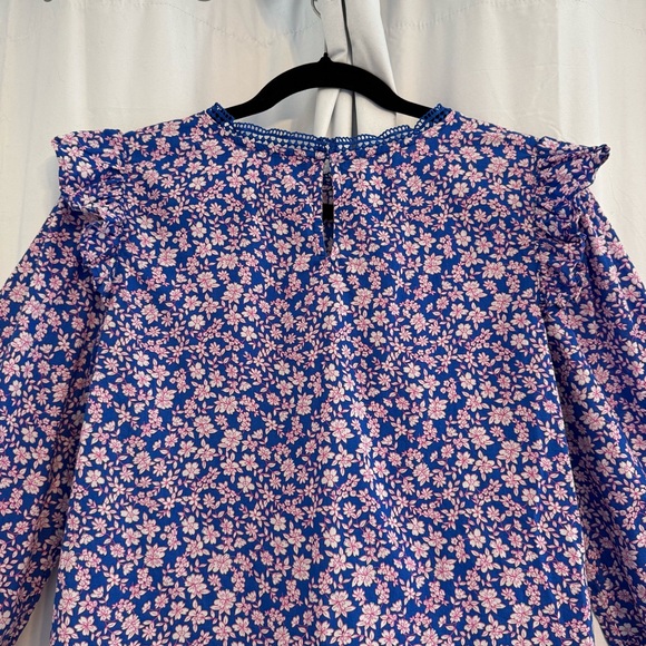 J.Crew Floral Ruffle Sleeve Blouse Blue Pink Romantic Size Small - Picture 10 of 14